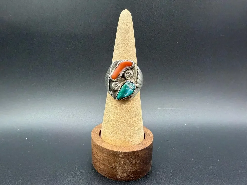Vintage Native American Turquoise & Coral Ring Size 9 Sterling Silver Men’s Ring
